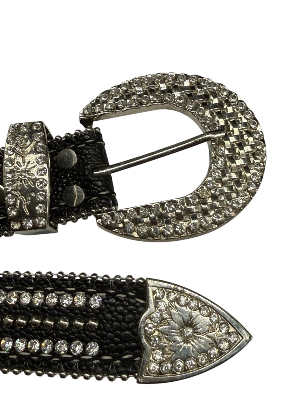 Y2K BTS 2742 Rhinestone Genuine Leather Black Western Belt Small 32-36.5 READ - Picture 11 of 16